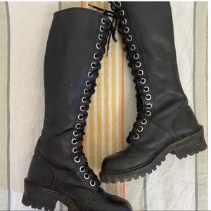 Lace-Up Black Leather Tall Combat Moto Boots